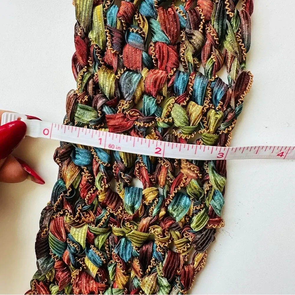 VINTAGE Gold Blue Tassel Texture Knit Yarn Multi Red Strand Scarf Cloth Bib Wrap